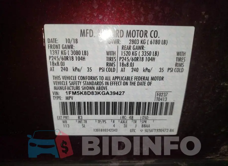 1FM5K8D83KGA39427 Photo# 13