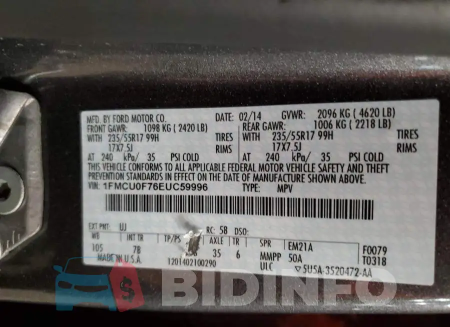 1FMCU0F76EUC59996 Photo# 14