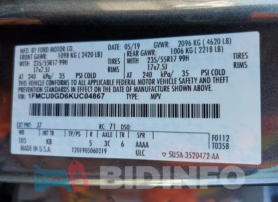 1FMCU0GD6KUC04867 Photo# 13