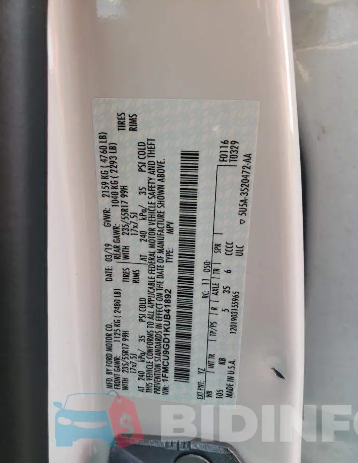 1FMCU9GD1KUB41892 Photo# 13