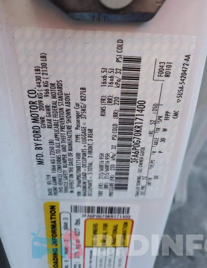 3FA6P0G70KR171400 Photo# 12