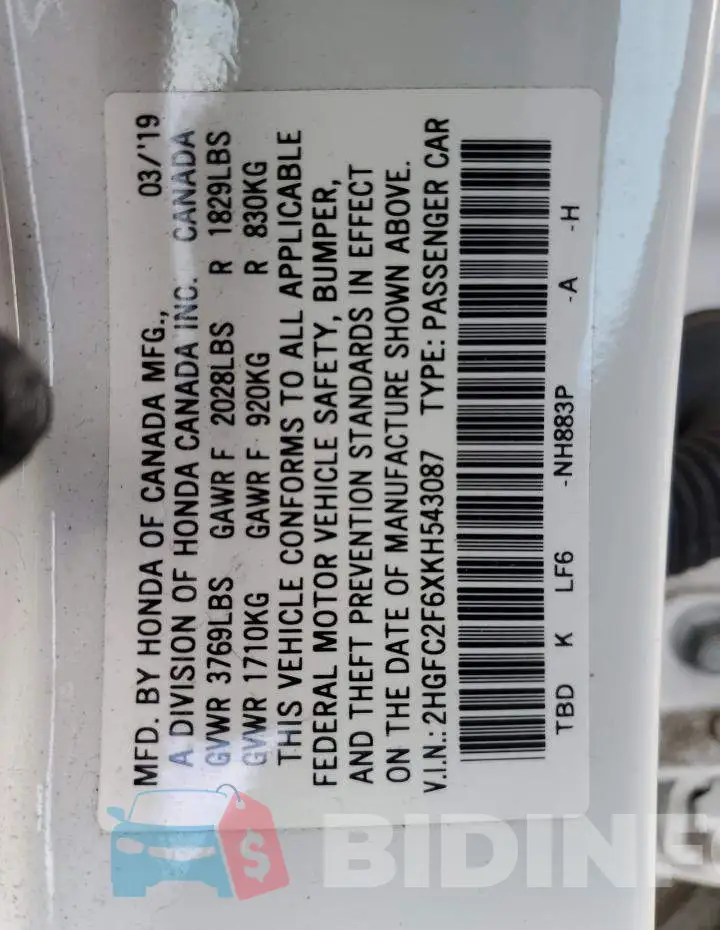 2HGFC2F6XKH543087 Photo# 12