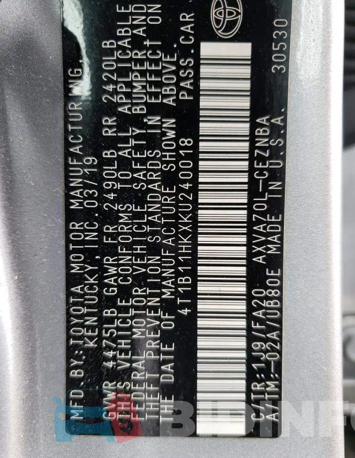 4T1B11HKXKU240018 Photo# 12