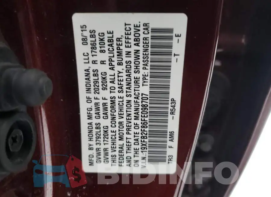 19XFB2F86FE098707 Photo# 13