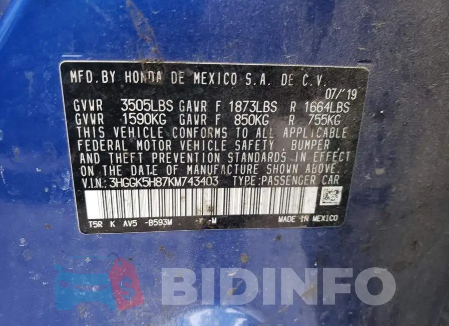3HGGK5H87KM743403 Photo# 13