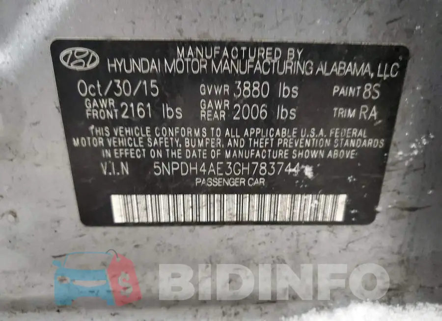 5NPDH4AE3GH783744 Photo# 12