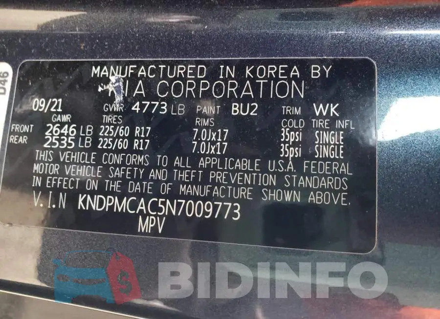 KNDPMCAC5N7009773 Photo# 12