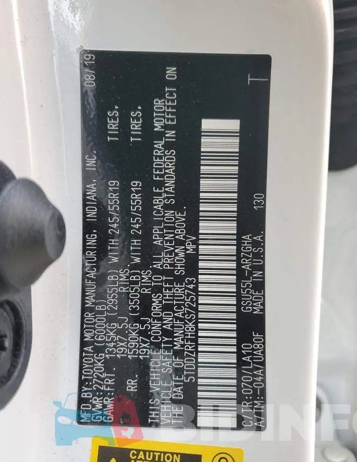 5TDDZRFH8KS725743 Photo# 13