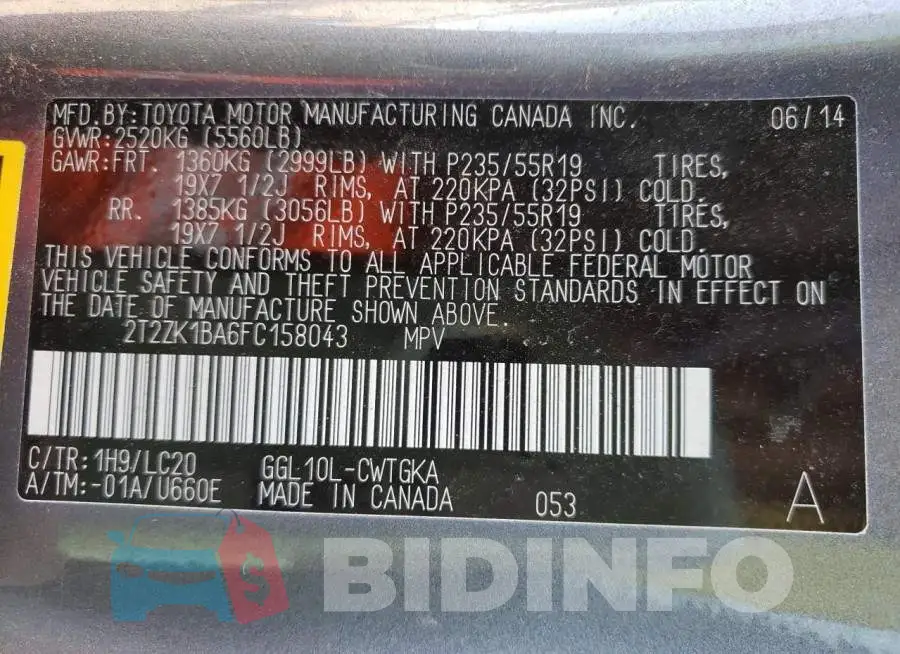 2T2ZK1BA6FC158043 Photo# 10