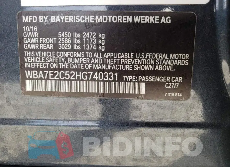WBA7E2C52HG740331 Photo# 12