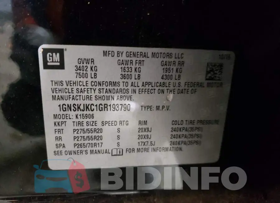 1GNSKJKC1GR193790 Photo# 13