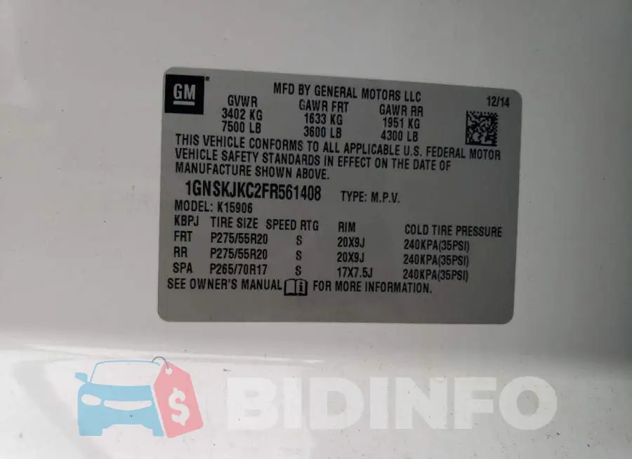 1GNSKJKC2FR561408 Photo# 13