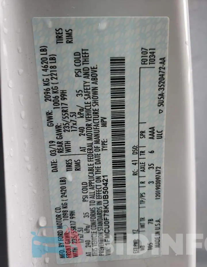 1FMCU0F78KUB50421 Photo# 13