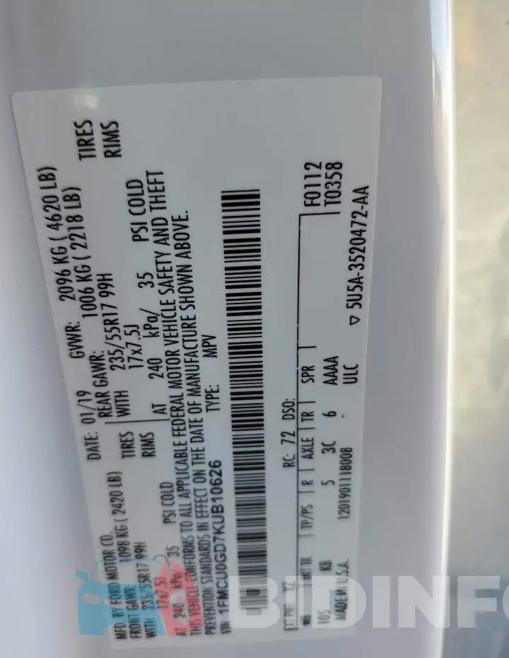 1FMCU0GD7KUB10626 Photo# 12
