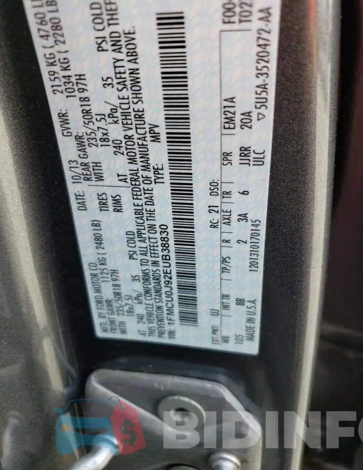 1FMCU0J92EUB38830 Photo# 14