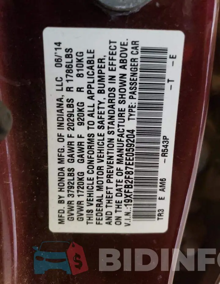 19XFB2F87EE059204 Photo# 12