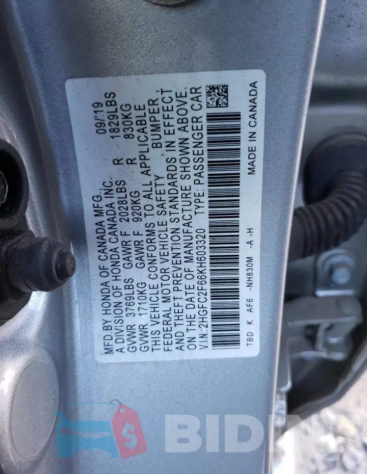 2HGFC2F66KH603320 Photo# 12