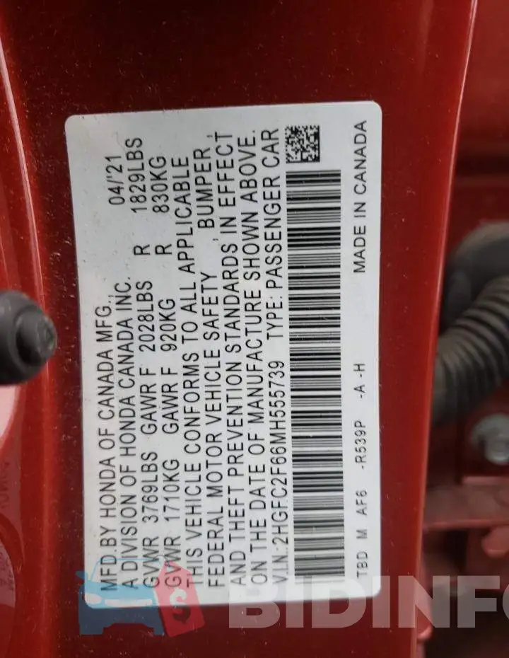 2HGFC2F66MH555739 Photo# 12