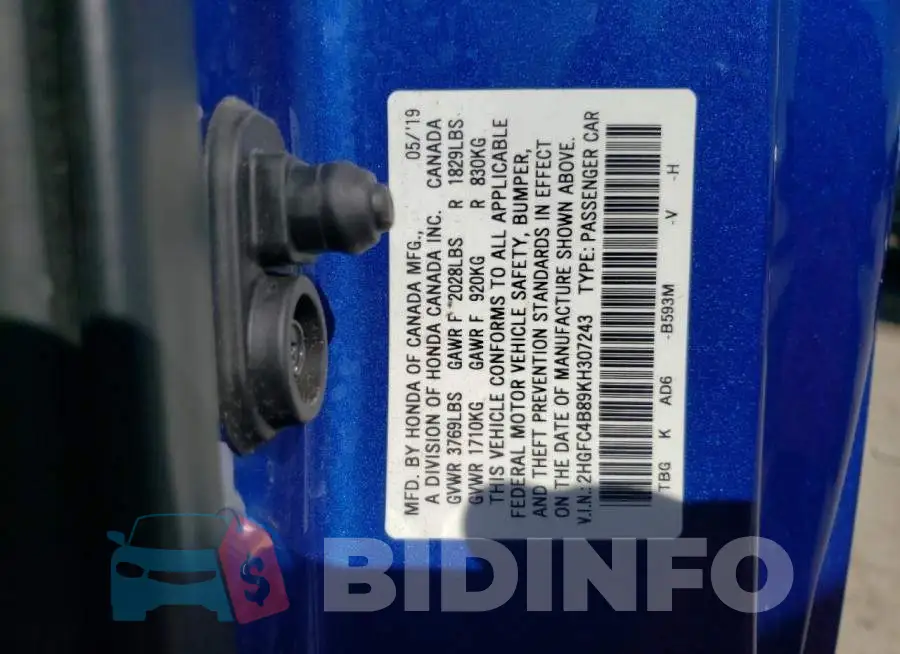 2HGFC4B89KH307243 Photo# 12