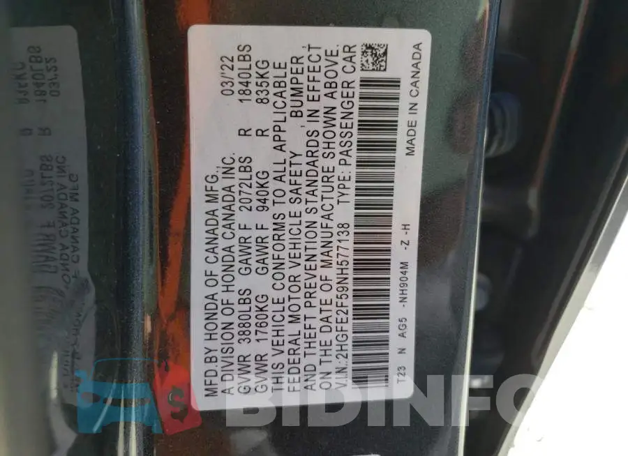 2HGFE2F59NH577138 Photo# 10