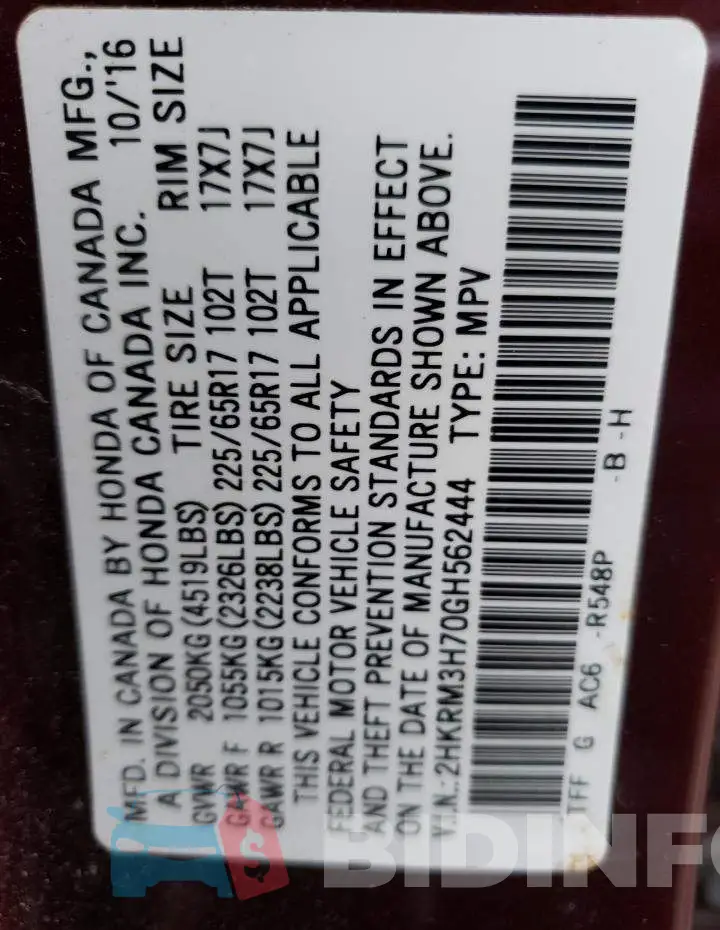 2HKRM3H70GH562444 Photo# 12