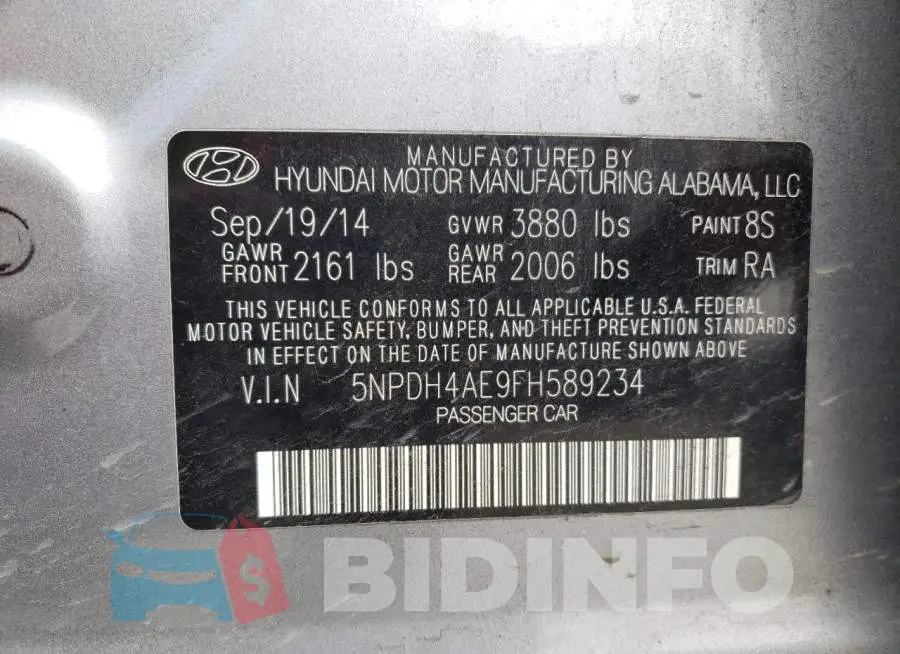 5NPDH4AE9FH589234 Photo# 12