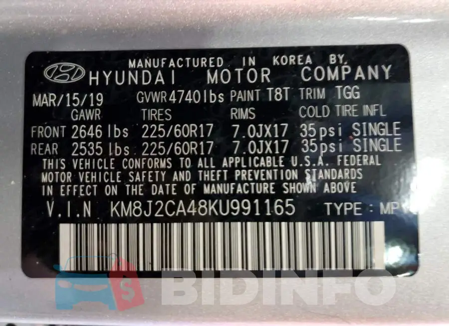 KM8J2CA48KU991165 Photo# 13