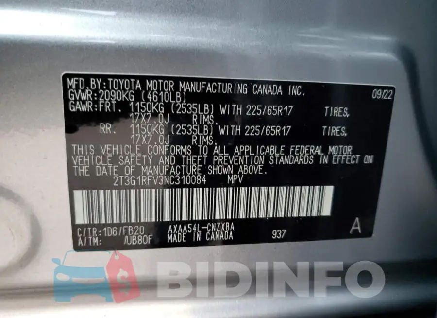 2T3G1RFV3NC310084 Photo# 13