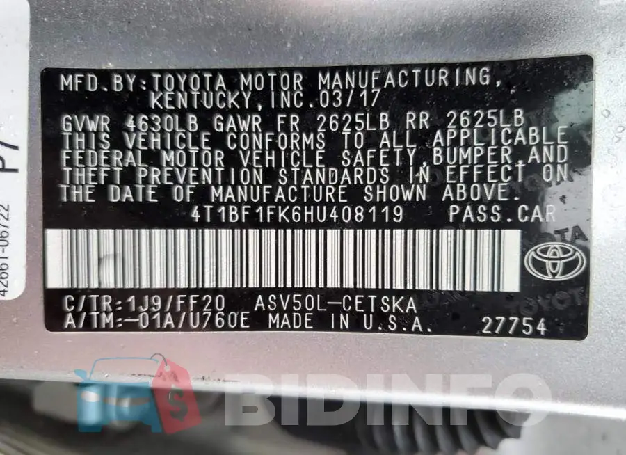 4T1BF1FK6HU408119 Photo# 12