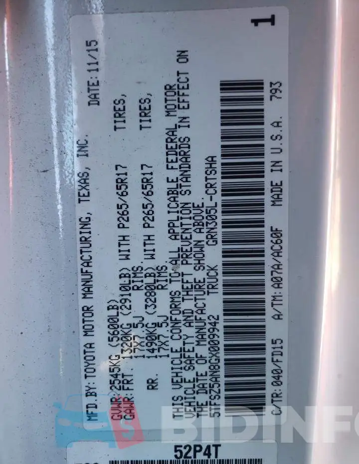 5TFSZ5AN8GX009942 Photo# 12