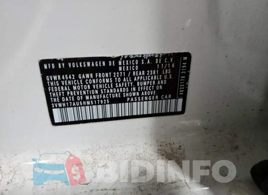 3VWH17AU5HM517925 Photo# 12