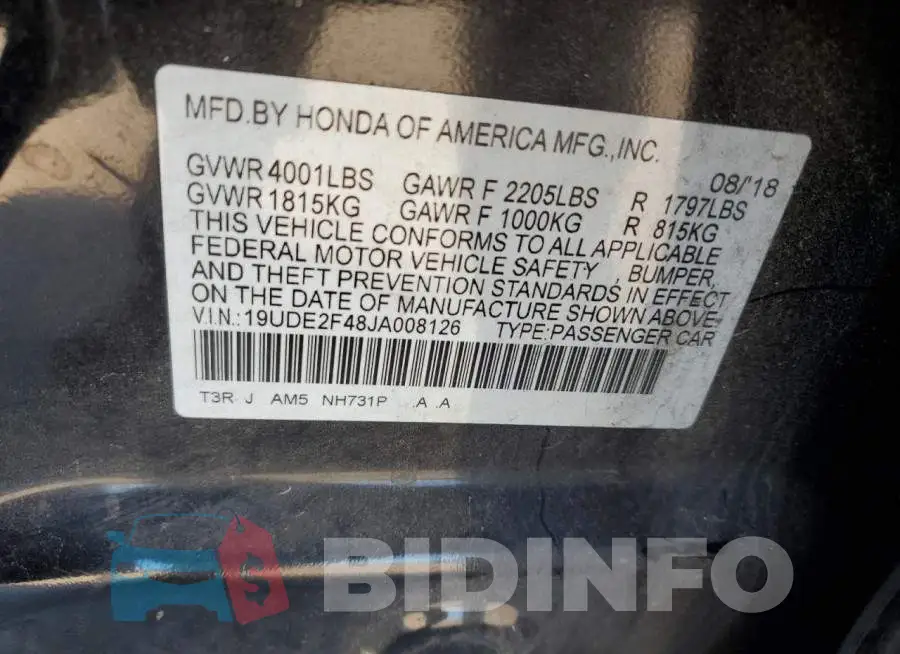 19UDE2F48JA008126 Photo# 12