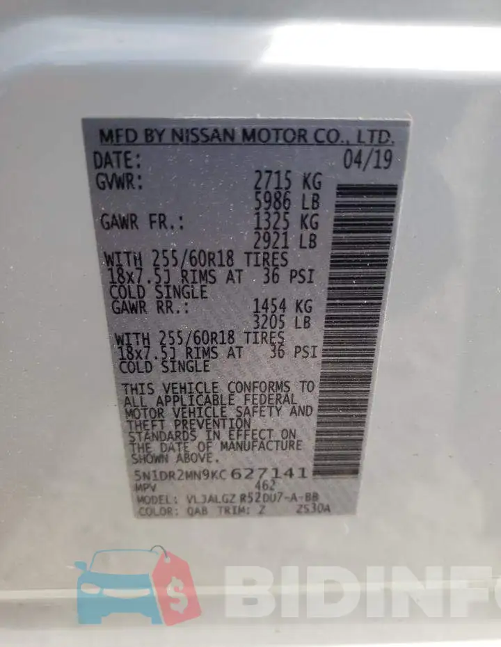 5N1DR2MN9KC627141 Photo# 13