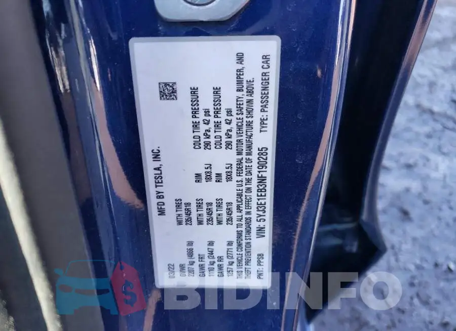 5YJ3E1EB3NF190285 Photo# 13