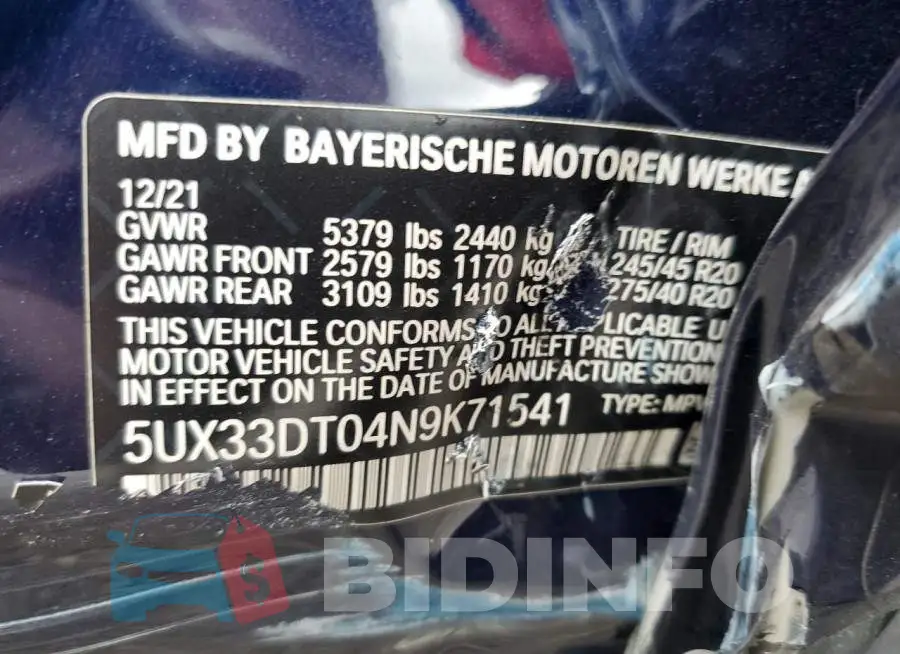 5UX33DT04N9K71541 Photo# 13