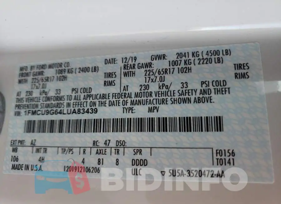 1FMCU9G64LUA83439 Photo# 13