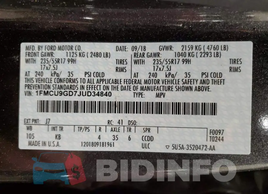 1FMCU9GD7JUD34840 Photo# 13