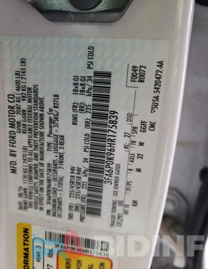 3FA6P0K96HR175839 Photo# 12