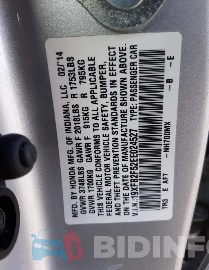 19XFB2F52EE024527 Photo# 12