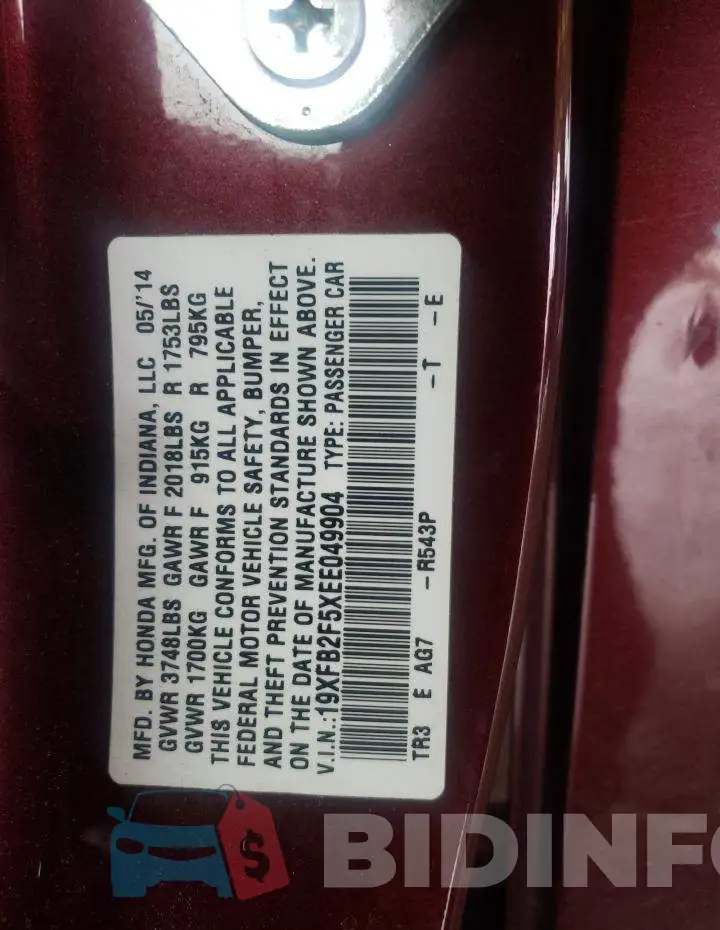 19XFB2F5XEE049904 Photo# 12