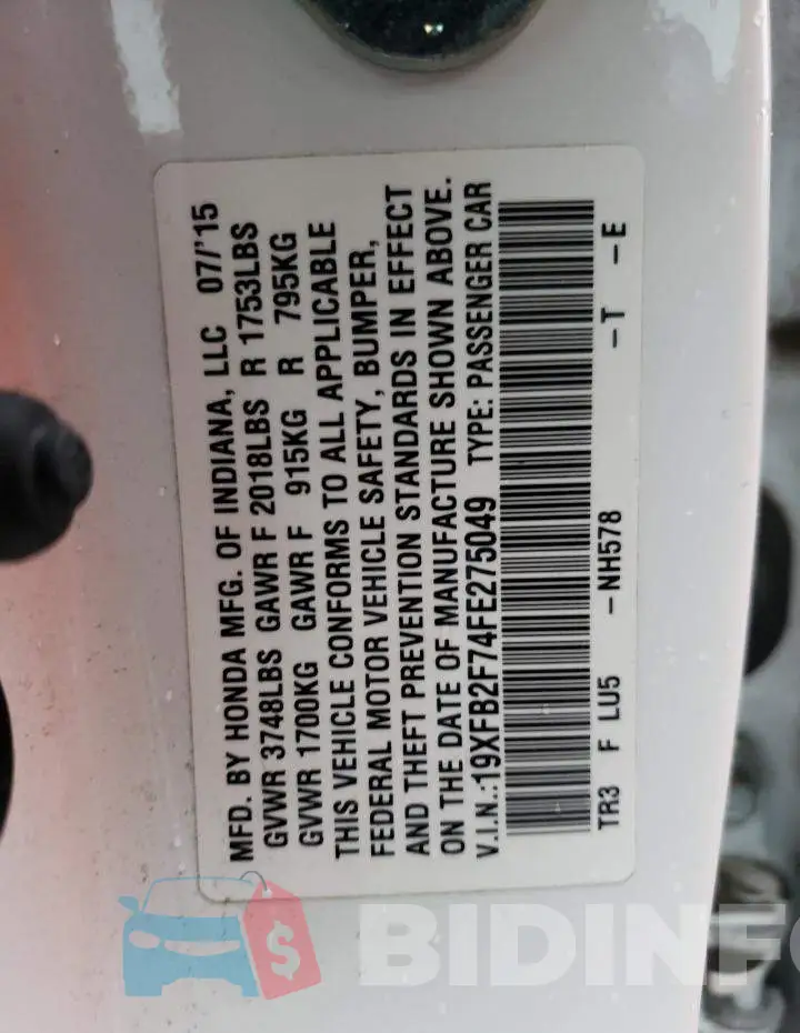 19XFB2F74FE275049 Photo# 12