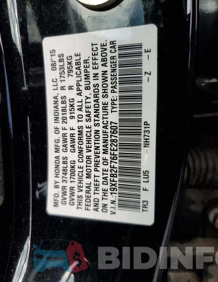 19XFB2F76FE287607 Photo# 12