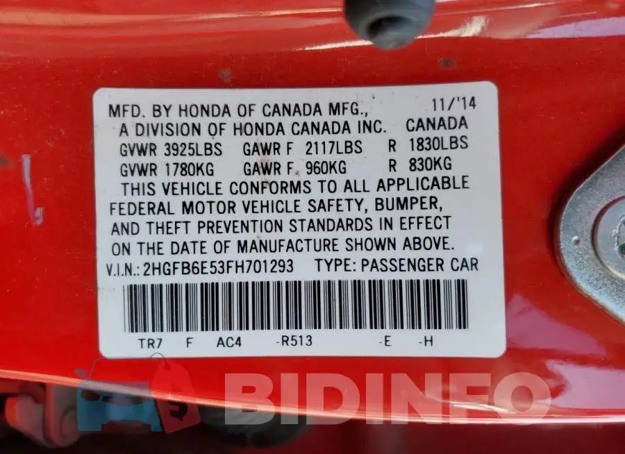 2HGFB6E53FH701293 Photo# 12
