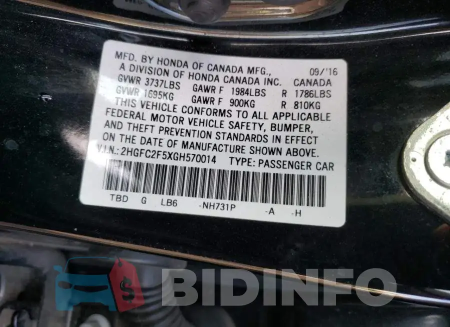 2HGFC2F5XGH570014 Photo# 12