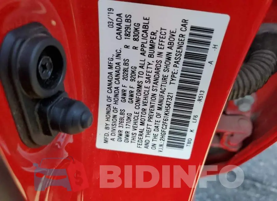 2HGFC2F61KH547321 Photo# 12