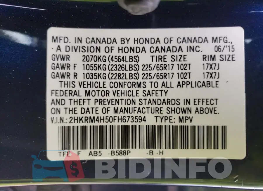 2HKRM4H50FH673594 Photo# 14
