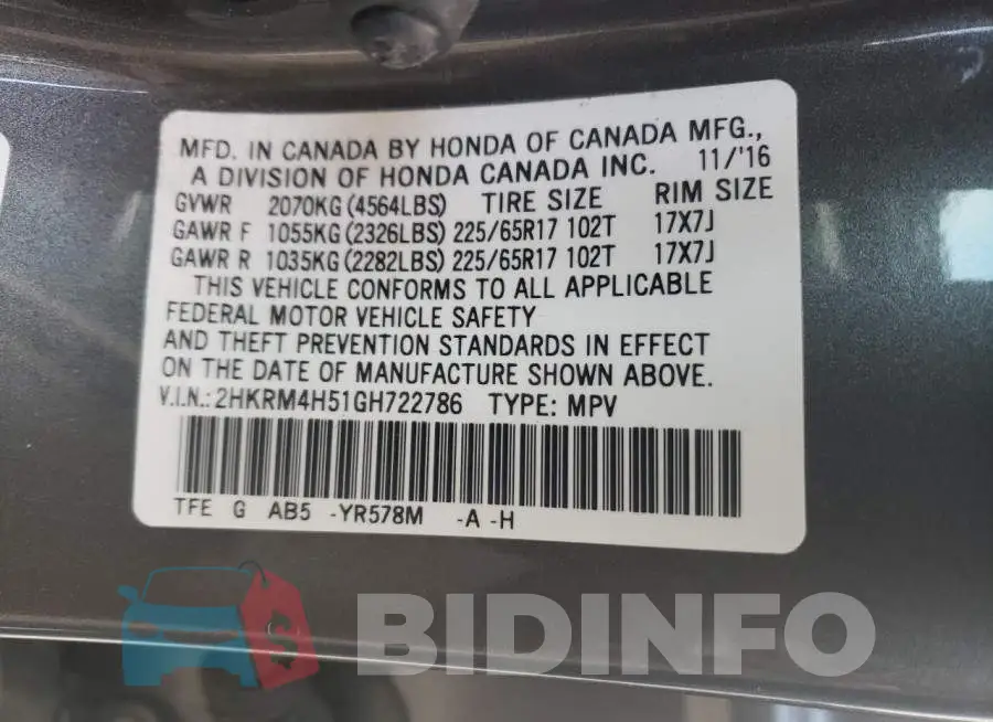 2HKRM4H51GH722786 Photo# 12