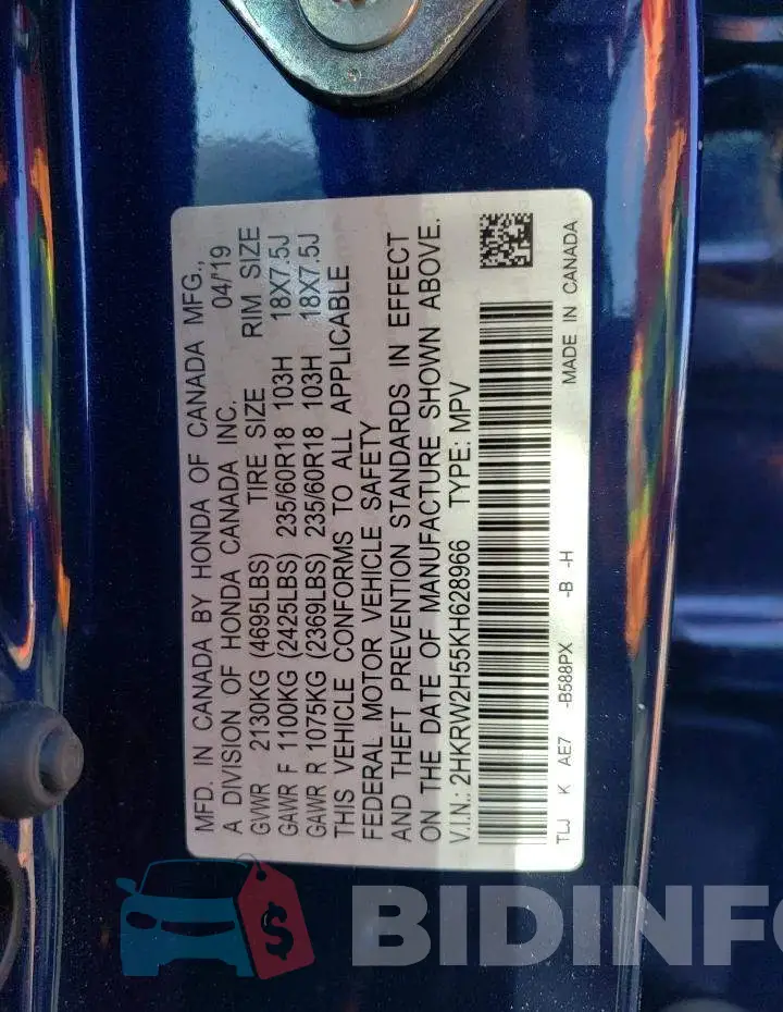 2HKRW2H55KH628966 Photo# 12
