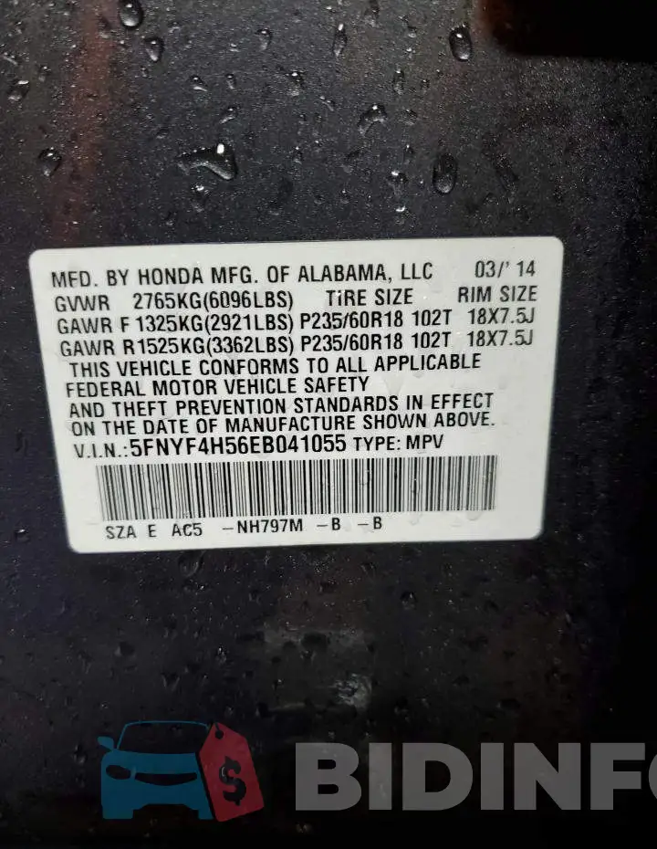 5FNYF4H56EB041055 Photo# 12
