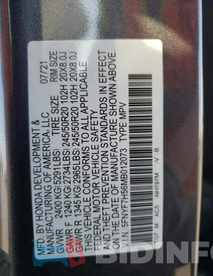 5FNYF7H56MB012073 Photo# 13
